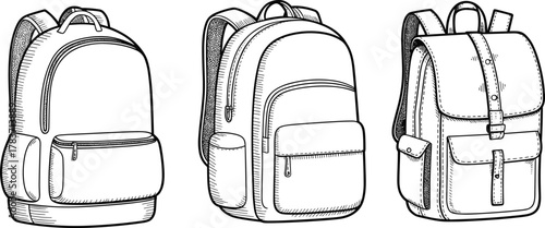 Cad drawing flat vector illustration, black and white backpack sketch, travel bag design, vintage rucksack outline, fashion accessory art