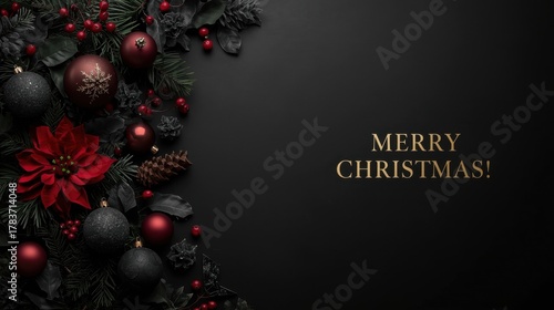Dark and Elegant Christmas Banner. A luxurious black background featuring a vertical border of dark pine boughs, red poinsettias, deep red berries, and black and red ornaments, with golden 
