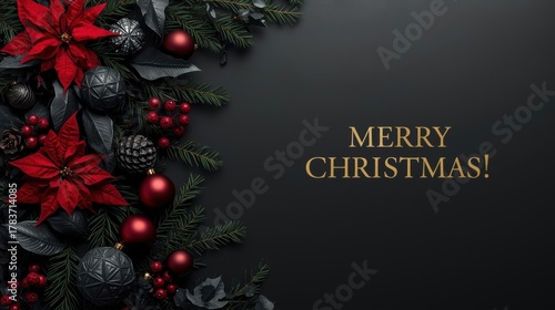 Dark and Elegant Christmas Banner. A luxurious black background featuring a vertical border of dark pine boughs, red poinsettias, deep red berries, and black and red ornaments, with golden 