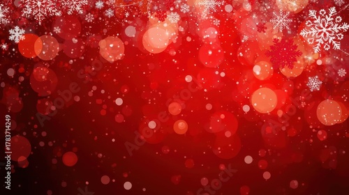Vibrant Red Snowflake Background. An intense, abstract red background dominated by bright bokeh light circles and subtle snow particles, with white, stylized snowflakes suspended from the top edge.