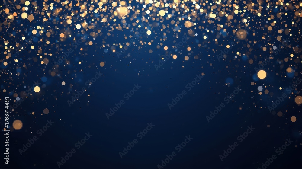 Obraz premium Luxury Particle Background. A deep blue, dark backdrop centrally illuminated with golden, shimmering light particles and bokeh effects radiating from the corners, creating a glamorous, abstract frame.