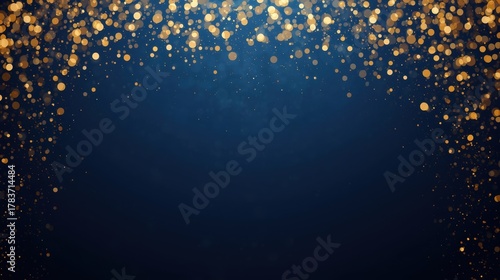Luxury Particle Background. A deep blue, dark backdrop centrally illuminated with golden, shimmering light particles and bokeh effects radiating from the corners, creating a glamorous, abstract frame.