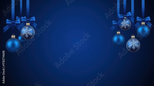 Elegant Blue Holiday Backdrop. Deep blue background featuring hanging Christmas ornaments, including solid blue baubles and silver snowflake-patterned ones, suspended by matching blue satin ribbons ti