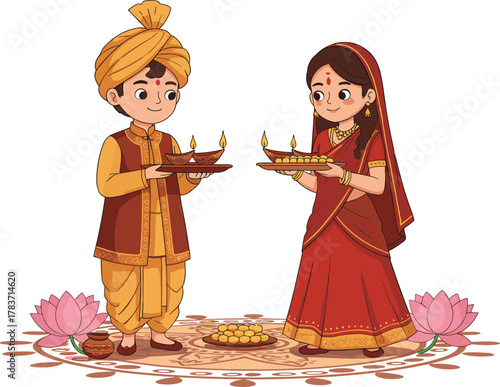 Indian couple illustration, traditional clothing, cultural celebration, Diwali festival, diya lamp, rangoli design, saree dress, turban outfit, heritage, festive joy