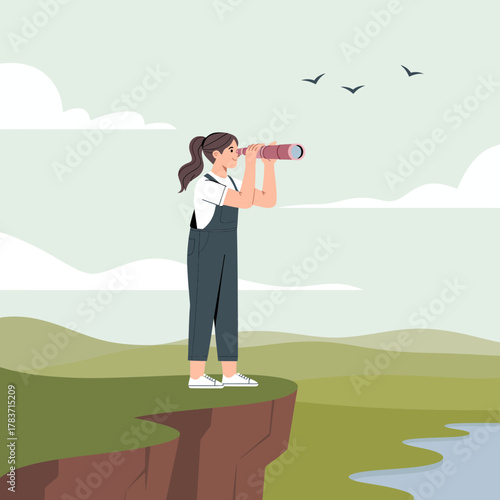 An illustration of a person standing on a cliff, using binoculars to observe nature, evoking feelings of adventure, exploration, and appreciation for the outdoors.