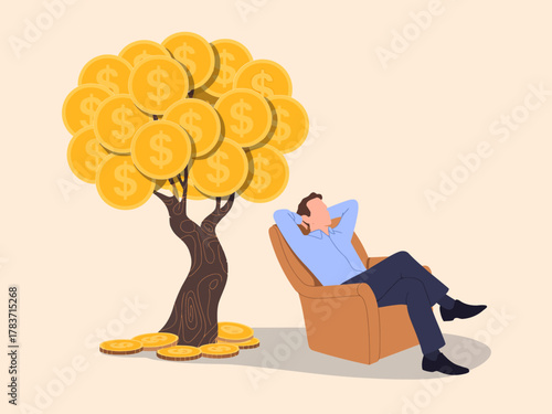 A man lounges comfortably beneath a whimsical money tree, surrounded by gold coins, representing wealth, prosperity, and the joy of financial freedom and abundance.