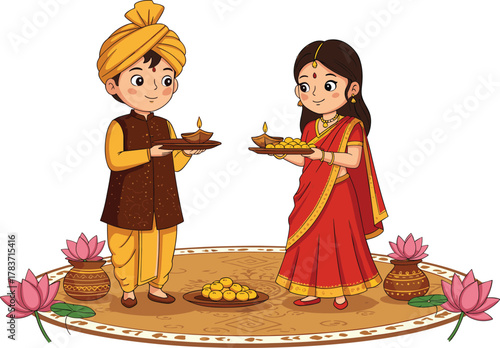 Indian couple illustration, traditional clothing, cultural celebration, Diwali festival, diya lamp, sweets tray, saree dress, turban outfit, heritage, festive joy