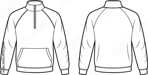 Long sleeve pullover technical flat, raglan sweatshirt with half zip collar, kangaroo pocket, ribbed cuffs and hem, front back view