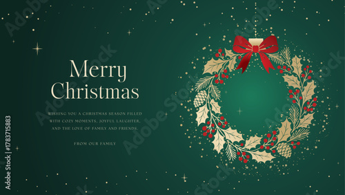 Elegant Christmas banner featuring a golden wreath with holly leaves, pinecones, and red bow on a dark green background. Perfect for luxury holiday greetings, website headers, or festive event promoti