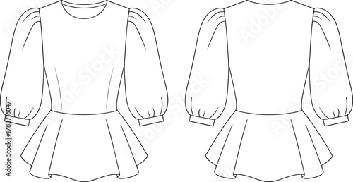 Peplum blouse illustration, puff sleeve design sketch, fashion garment flat drawing, round neckline artwork, apparel construction detail, feminine clothing outline