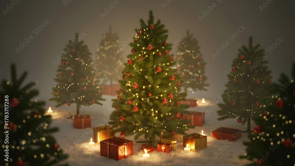 Obraz premium Illuminated christmas trees and wrapped presents create a festive holiday scene with soft ambient light