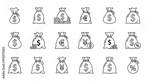 Collection of outline money bag icons with various currency symbols like dollar, euro, yen, and percentage signs, perfect for financial infographics, articles, books, flyers, and banners, presented