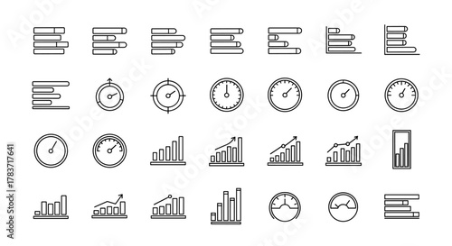 Collection of outline icons representing progress bars, growth charts, and gauges, perfect for infographics, articles, books, flyers, and banners. Editable stroke vector cartoon illustrations for