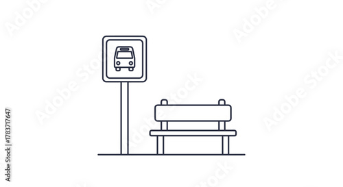 Minimalist linear style icon of a bus stop featuring a simple bench and a sign with a bus symbol, representing public transportation and urban waiting areas, perfect for travel and commuting themes.