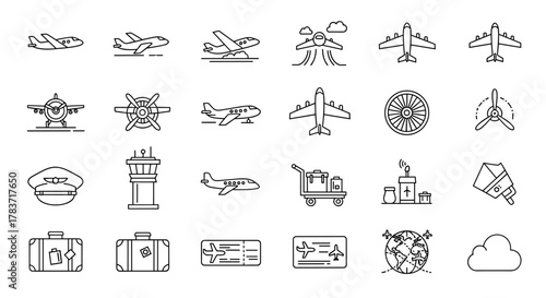 Collection of minimalistic thin line icons representing airplanes, airport elements, and travel essentials, perfect for web, graphic design, apps, banners, social networks, and cards. This vector