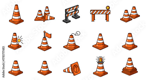 Collection of vivid and colorful traffic cone illustrations, perfect for infographics, articles, books, flyers, and banners. This vector cartoon set features editable strokes and includes various