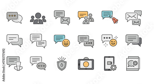 Set of thin line icons representing chat and communication concepts, including speech bubbles, messages, people, notifications, emojis, and digital devices, presented on a clean white background for