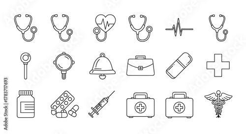Collection of Thin Line Icons Representing Medical and Healthcare Concepts, Including Stethoscopes, Pills, Syringe, Caduceus, and Heartbeat Monitor, Ideal for Web, Print, and App Design on a White