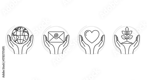 Simple linear illustration of a gift, charity, and present, containing icons of a globe, mail, heart, and nature held between hands, suitable for graphics, concepts, and apps, presented as a vector