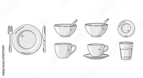Set of clean dishware icons including plates, bowls, cups, and a glass, presented in a minimalist, cartoonish vector style with a white background, perfect for graphic design, app interfaces, and