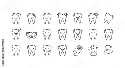 Set of minimalistic thin outline icons representing various dental health conditions and treatments, including healthy teeth, cavities, crowns, braces, and dental hygiene tools, presented as cute