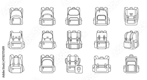 Collection of outline icons representing various school bags, tracking backpacks, and hiking rucksacks, featuring editable strokes and a clean, modern design suitable for infographics, articles