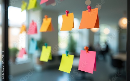 Many colorful sticky notes hanging on a glass, with a blurred indoor environment in the background, soft focus, bright colors. High quality
