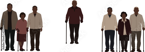Silhouette elderly people illustration, senior community diversity, aging population concept, mobility support, lifestyle identity, retirement artwork, generational connection design