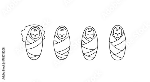 Minimalistic thin outline icon set featuring four swaddled babies in a row, perfect for web, graphic design, apps, banners, social networks, and cards. This vector cartoon illustration captures the