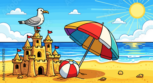 Vibrant cartoon illustration of a sunny beach scene featuring a large sandcastle adorned with red flags and a seagull perched atop, a colorful beach umbrella providing shade, a striped beach ball