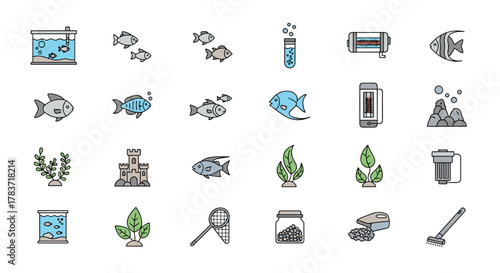 Collection of minimalistic thin line icons representing aquarium elements, including various fish species, aquariums, aquatic plants, castle decorations, water filters, heaters, nets, food, and