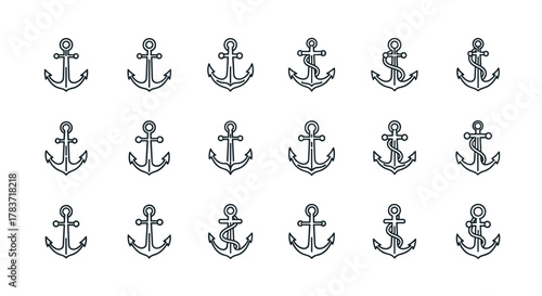 Collection of 18 anchor line icons with editable stroke, perfect for nautical themes, maritime designs, travel blogs, infographics, articles, books, flyers, and banners. Vector cartoon illustration