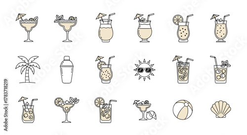 Collection of beach cocktail icons and summer symbols, including palm trees, sun, beach ball, and seashell, perfect for infographics, articles, books, flyers, and banners, presented as editable