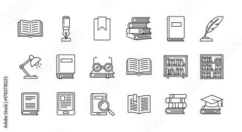 Collection of editable stroke line icons related to books and reading, presented on a clean white background, featuring an open book, fountain pen, bookmark, stack of books, closed book, quill pen