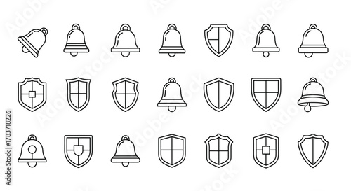 Collection of simple linear outline icons featuring bells and shields, perfect for web, books, cards, and apps. This editable stroke vector illustration includes various bell and shield designs