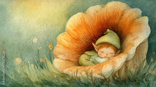 Cute Baby Elf Sleeping Inside Large Orange Flower in Watercolor Style