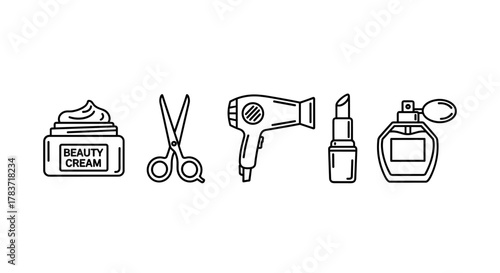 Modern outline style icons representing beauty and skincare essentials: a jar of beauty cream, scissors, a hairdryer, lipstick, and a perfume bottle, perfect for design projects, cards, apps, and