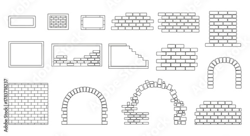 Vector Outline Collection of Brick Wall Elements: Signs, Arches, Stairs, and Textures. This versatile set features editable stroke designs perfect for infographics, articles, books, flyers, and