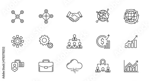 Business network icon set illustration, ordered line icon set on white background, representing concepts like connection, collaboration, growth, and organization, perfect for digital presentations