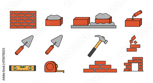 Set of flat design vector illustrations depicting bricklaying tools and materials, including a brick wall, trowels, hammer, level, tape measure, and bricks with mortar, all on a clean white
