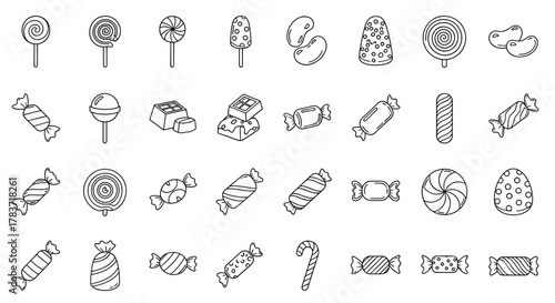 Collection of Outline Candy Icons: A Diverse Assortment of Sweet Treats Including Lollipops, Chocolates, Wrapped Candies, and More, Perfect for Infographics, Articles, Books, Flyers, and Banners