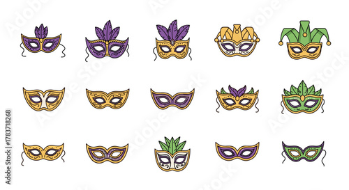 Collection of 15 vivid, flat design carnival masks with editable strokes, suitable for web, books, cards, and apps. This vector cartoon illustration features a white background and includes masks in