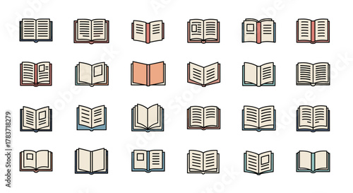 Collection of filled color icons of opened books, minimalistic linear pictograms for web and graphic design, apps, banners, social networks, and cards. A versatile set of vector illustrations