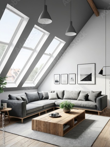 Modern Minimalist Living Room Interior Design with Grey Sofa and Natural Light Through Skylights