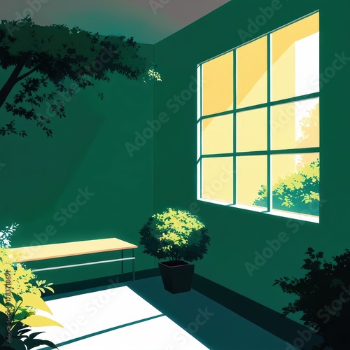 Bright, Minimalist Interior Space with Green Plants and Natural Light Streaming Through a Window