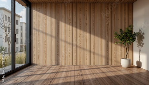 Bright and Spacious Modern Interior with Wooden Wall Panels and Potted Plant in Natural Light