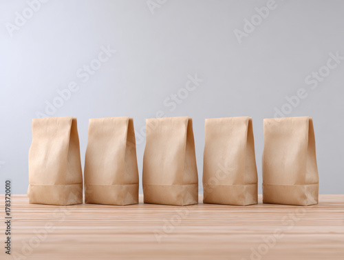 Brown paper bags lined up on wooden surface with soft lighting and neutral background creating calm and simple scene