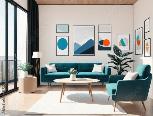 Modern Living Room Interior with Geometric Artwork and Cozy Furniture in Bright Natural Light