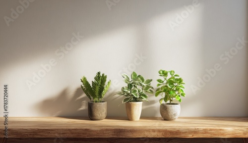 Three small potted plants with green foliage on a wooden shelf against a plain wall