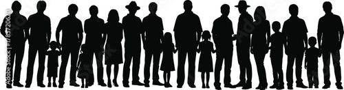 Silhouette group of people in line illustration, family queue concept, community diversity, social behavior, demographics artwork, lifestyle identity design